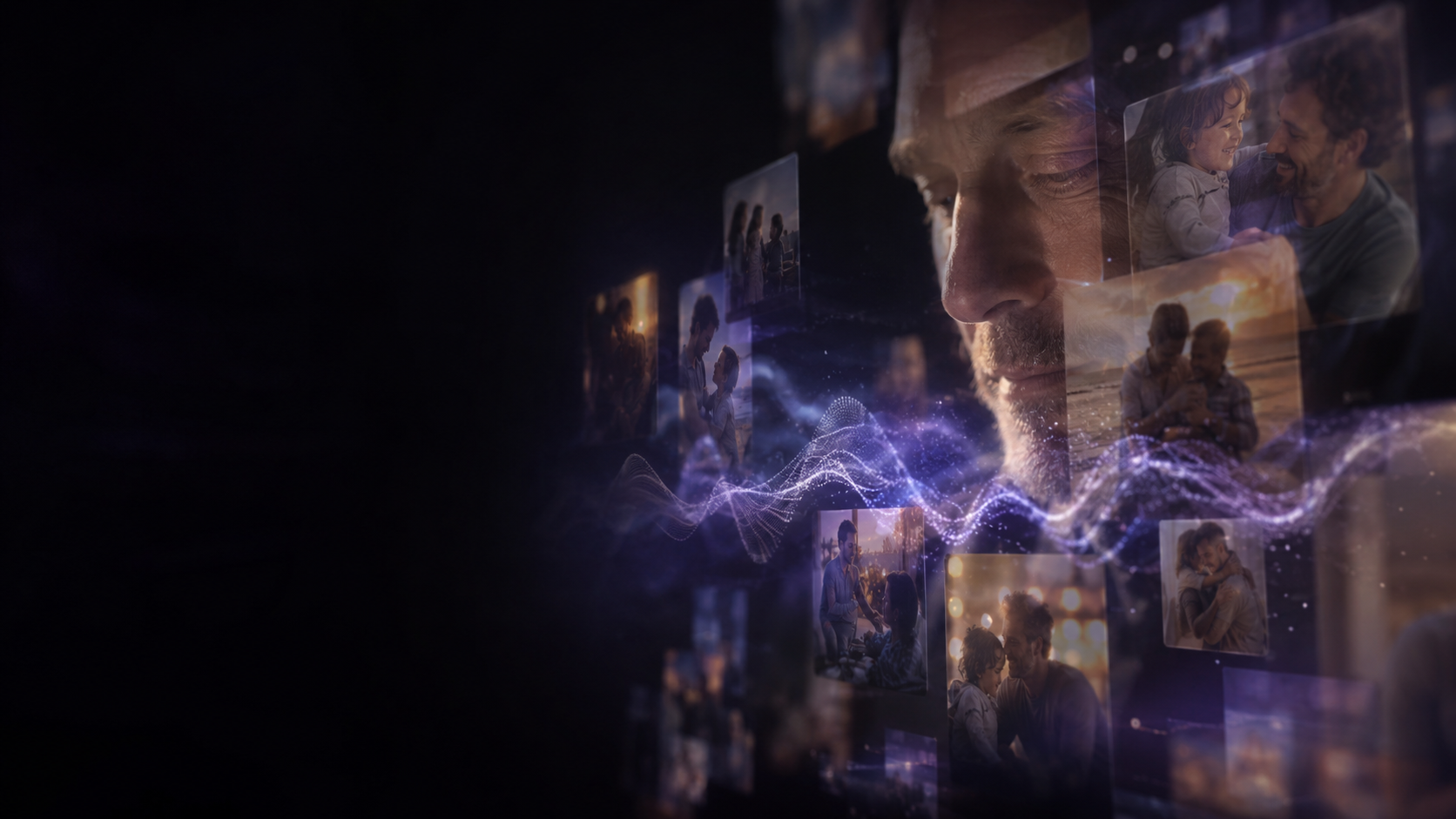 A person's life represented through family photos, voice and memories